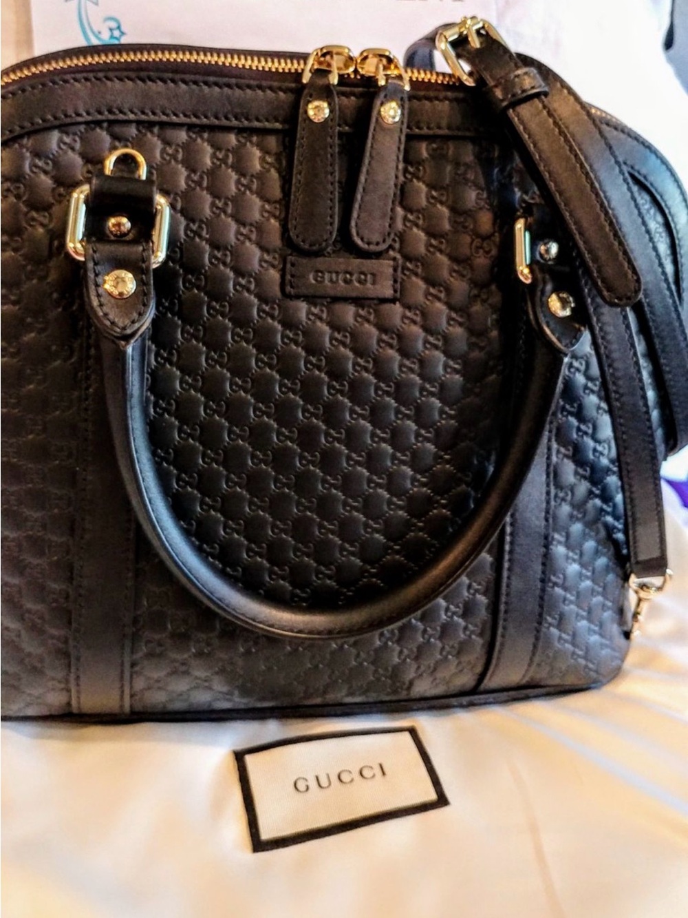 Gucci Black Embossed GG Leather Satchel with Gold Hardware